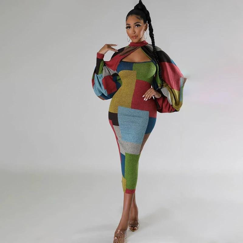 New Fashion Stitching Printing Color Contrast Long Sleeve Plus Size Dress