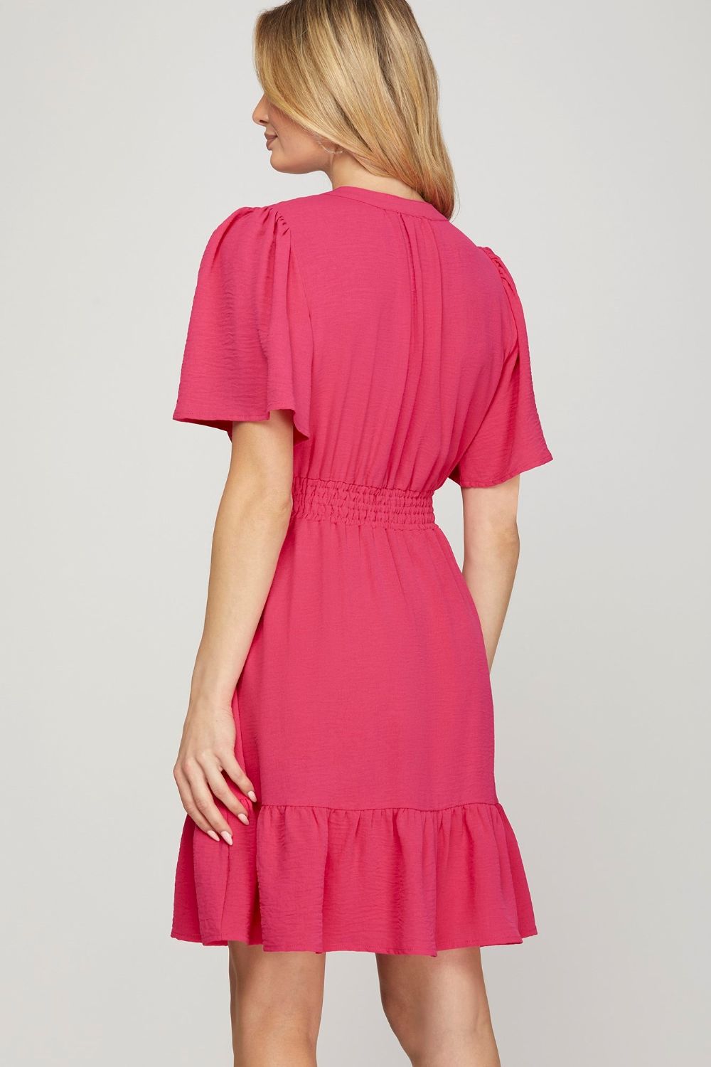 Ruffled Hem Notched Flutter Sleeve Mini Dress For Women Feminine and Playful Mini Dress with Ruffled Hem and Notched Flutter Sleeves for a Romantic Look