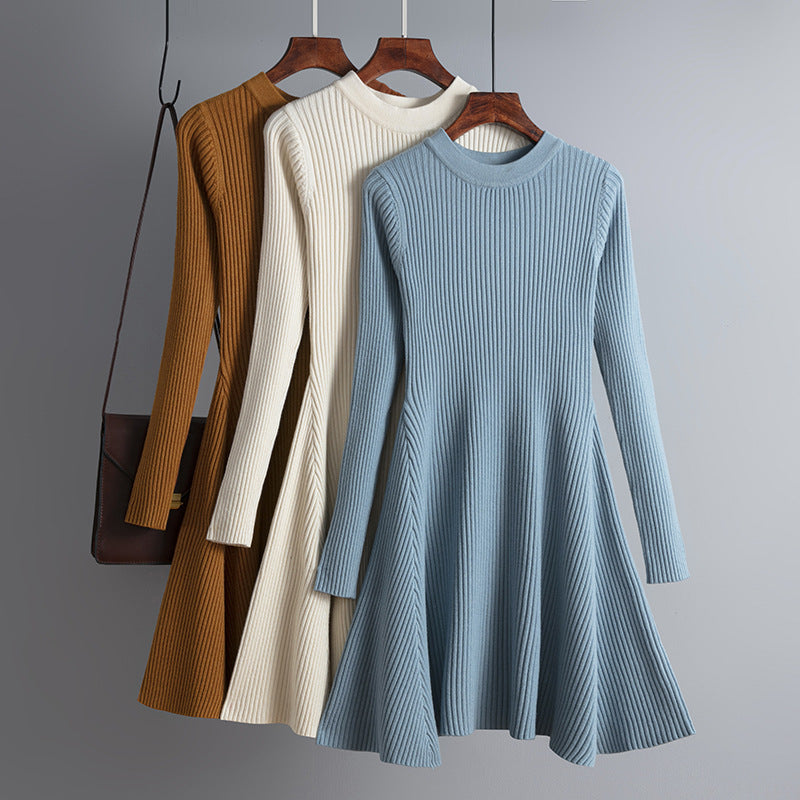 Dress Autumn Winter Women Knitted Long Sleeved Solid Color Slim Fit Bottoming Inner Wear A- line Dress