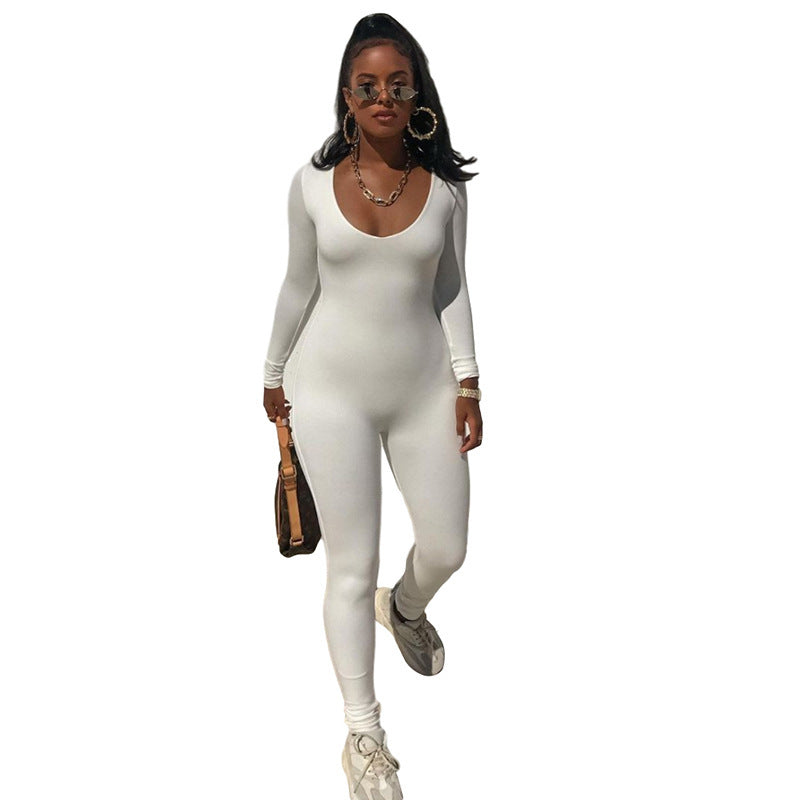 Low-necked Close-fitting Long Sleeve High Waist Solid Color Sports Fitness Jumpsuit