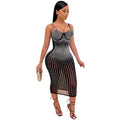 Women Wear Party Nightclub Mesh See through Rhinestone Diamond Strap Dress