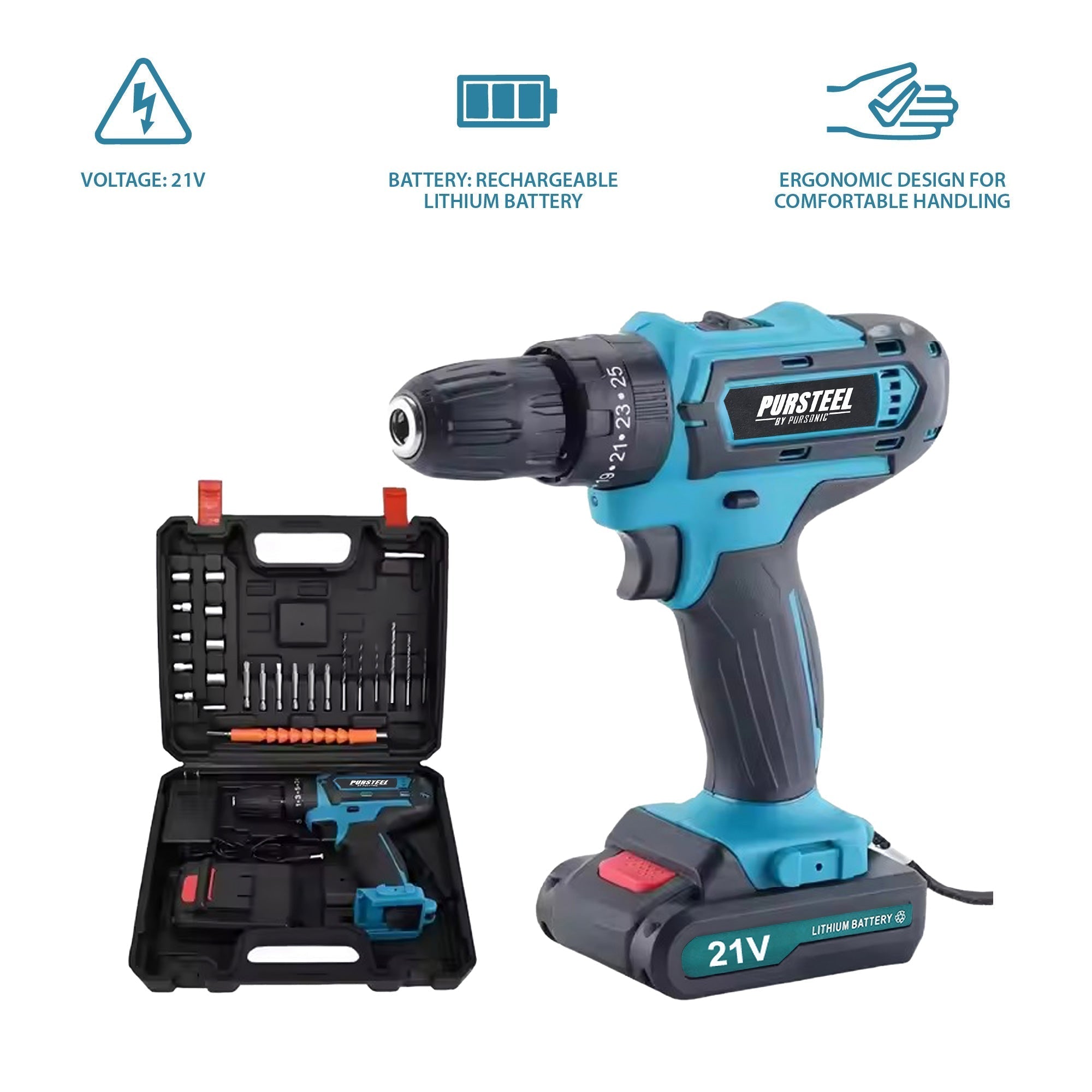 Pursonic 21V Rechargeable Cordless Drill 24 Piece Set – Compact Power for Home & DIY Projects