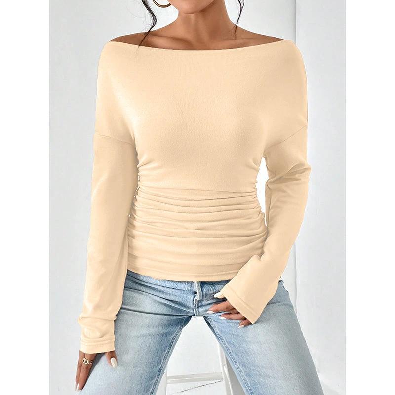 Women's Off The Shoulder Tops Long Sleeve T Shirts Going Out Tops Casual Trendy Ruched Slim Fitted Tees