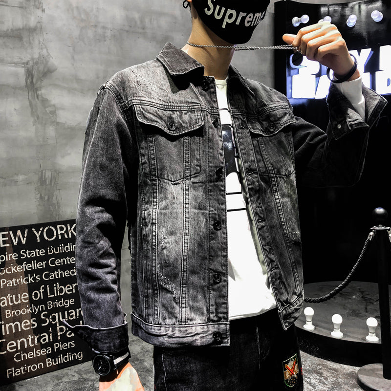 Boy Jeans Jacket Wolf Dog Embroidery Handsome Guy Slim Men's Jacket