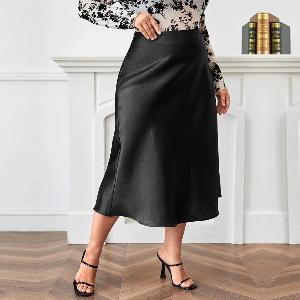 High Waist Zipper Large Hem Satin Satin Temperament Skirt