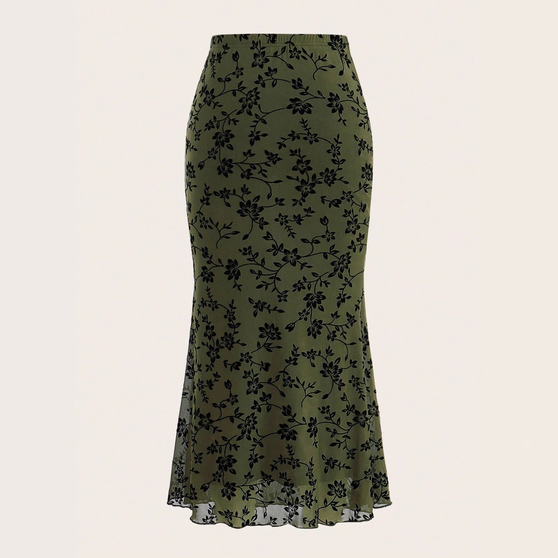 Dark Green Floral Half-length Fishtail Skirt For Women