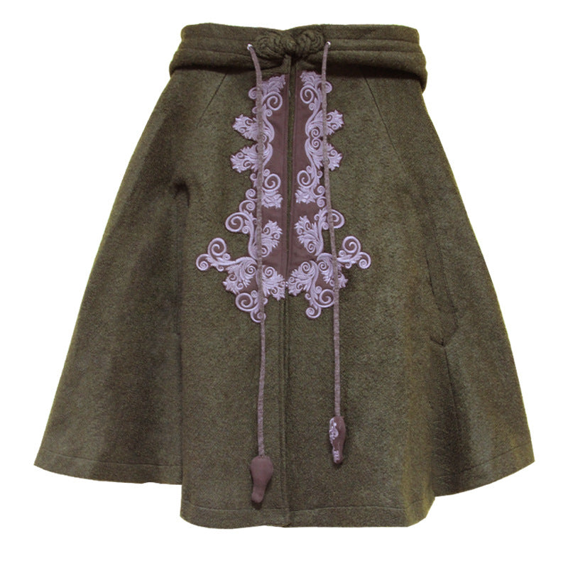 Women's Hooded Embroidery Loose Woolen Cloak Coat
