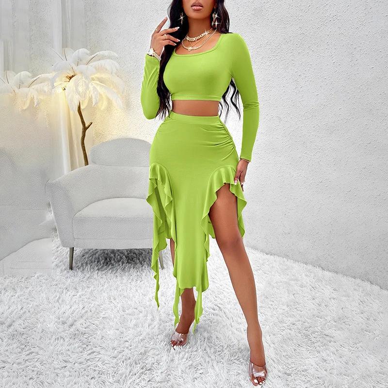 Women's Long Sleeve Round Neck Pleated Dress Suit - Solid Color Elegant Ruffle Outfit