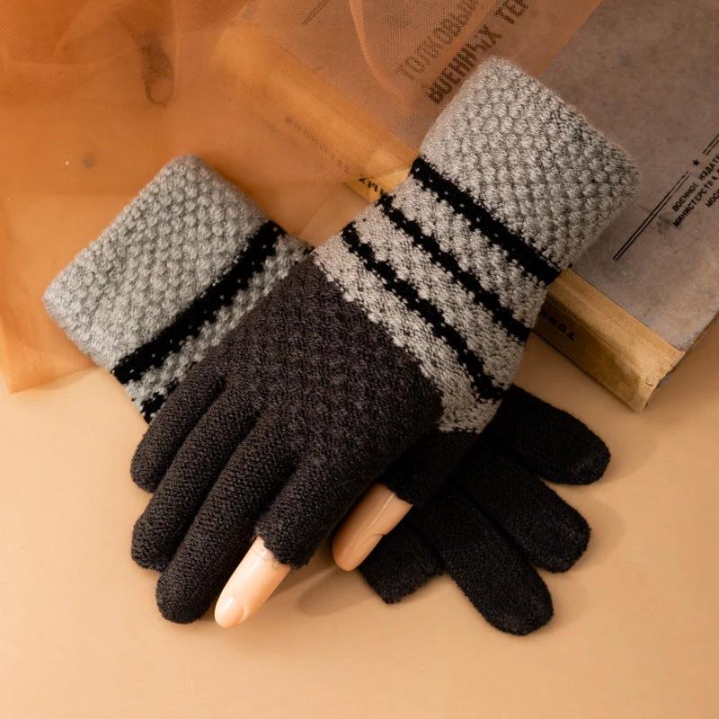 Fleece-lined Knitted Wool Cold-proof Gloves For Men