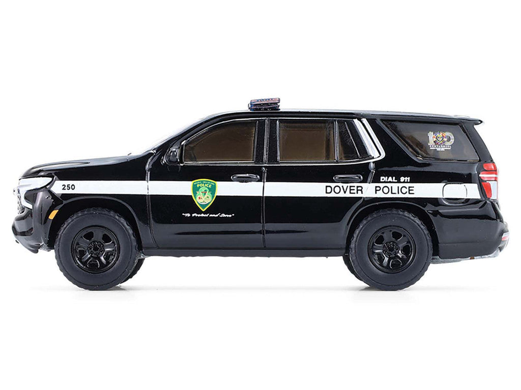 2024 Chevrolet Tahoe Police Pursuit Vehicle "Dover Police – 100th Anniversary Edition" Black with White Stripes "Hobby Exclusive" Series 1/64 Diecast Model Car by Greenlight