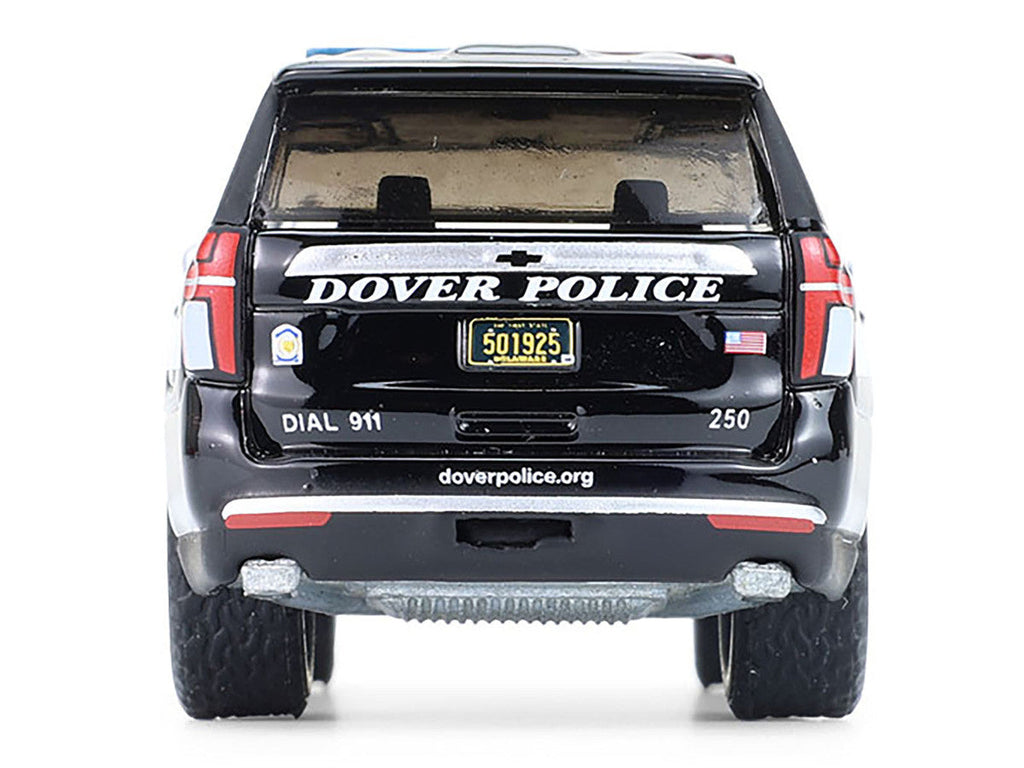 2024 Chevrolet Tahoe Police Pursuit Vehicle "Dover Police – 100th Anniversary Edition" Black with White Stripes "Hobby Exclusive" Series 1/64 Diecast Model Car by Greenlight