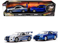 Brian's Nissan Skyline GT-R (BNR34) Silver with Blue Stripes and Nissan GT-R (BNR34) Blue Metallic Set of 2 pieces "25 Years of Fast & Furious" Series 1/32 Diecast Model Cars by Jada