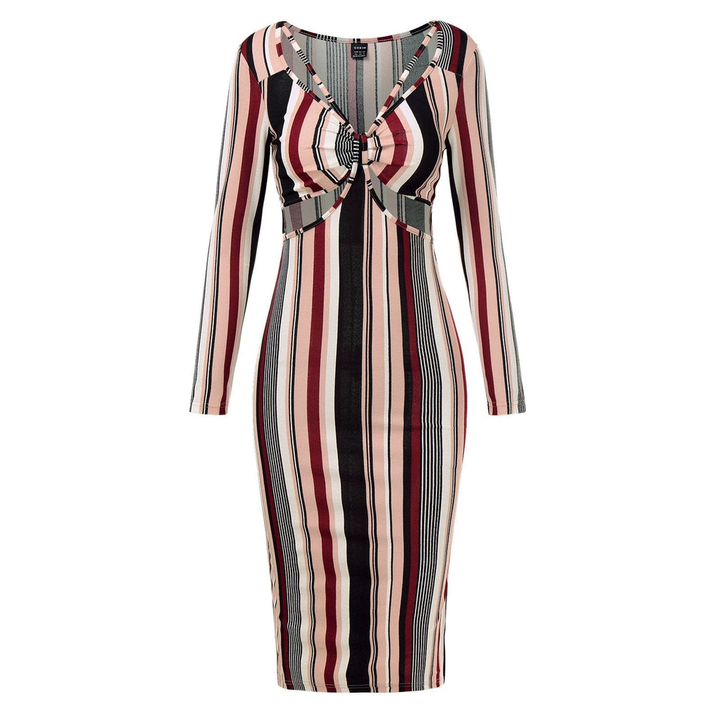 Women's Wrap Chest Striped Long Sleeve Dress