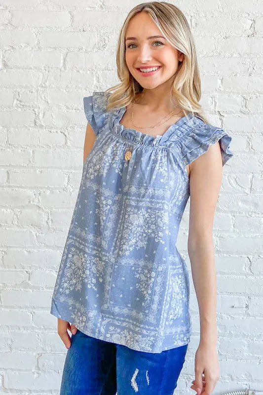 And The Why Boho Print Ruffle Baby Doll Tank Top