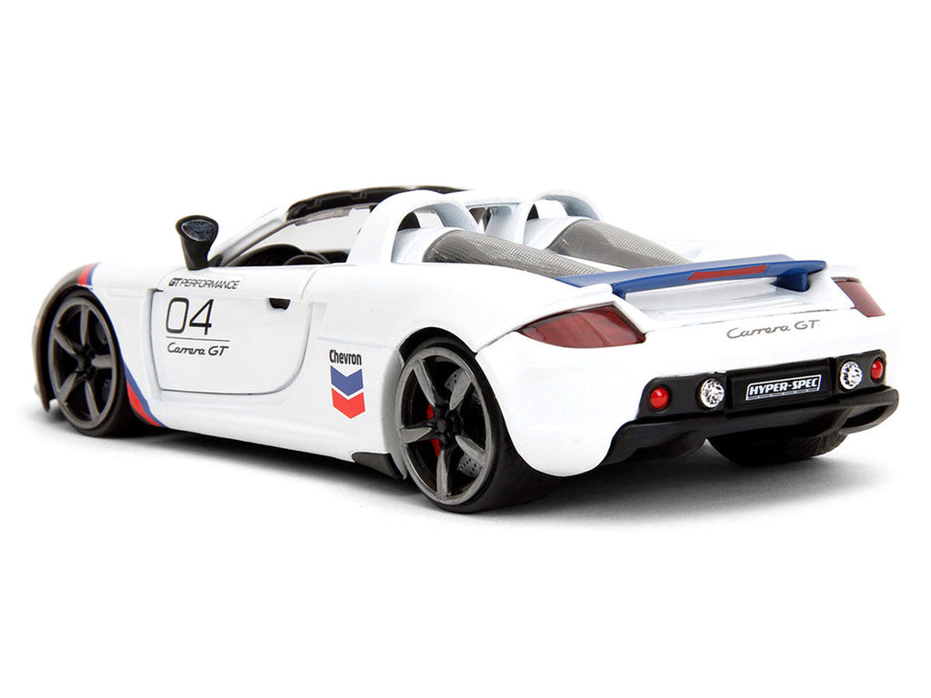 Porsche Carrera GT Convertible #04 "Chevron" White with Graphics "Hyper-Spec" Series 1/24 Diecast Model Car by Jada