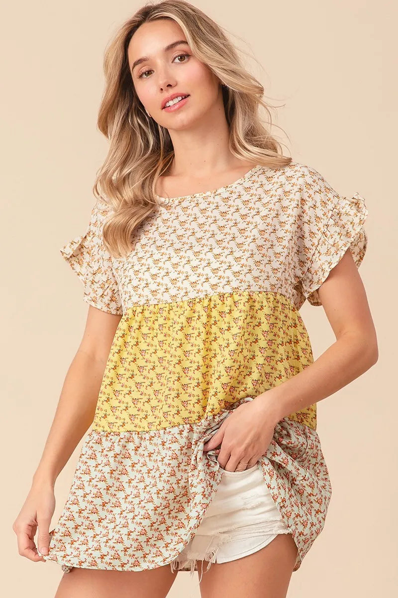 BiBi Flroal Printed Woven Color Block and Tiered Top
