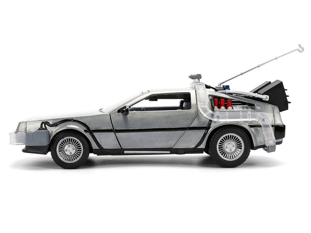 DeLorean Brushed Metal Time Machine with Lights "Back to the Future" (1985) Movie "40th Anniversary" Special Packaging "Hollywood Rides" Series 1/24 Diecast Model Car by Jada