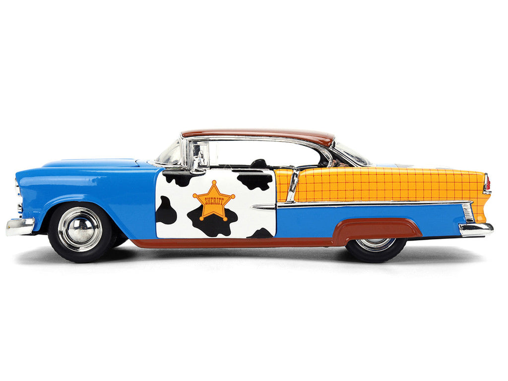 1955 Chevrolet Bel Air Blue with Graphics and Woody Diecast Figure "Toy Story" Franchise "Hollywood Rides" Series 1/24 Diecast Model Car by Jada