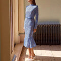 Slim Fit Slimming See-through Lace Hollow Belt Long Sleeve Fishtail Dress