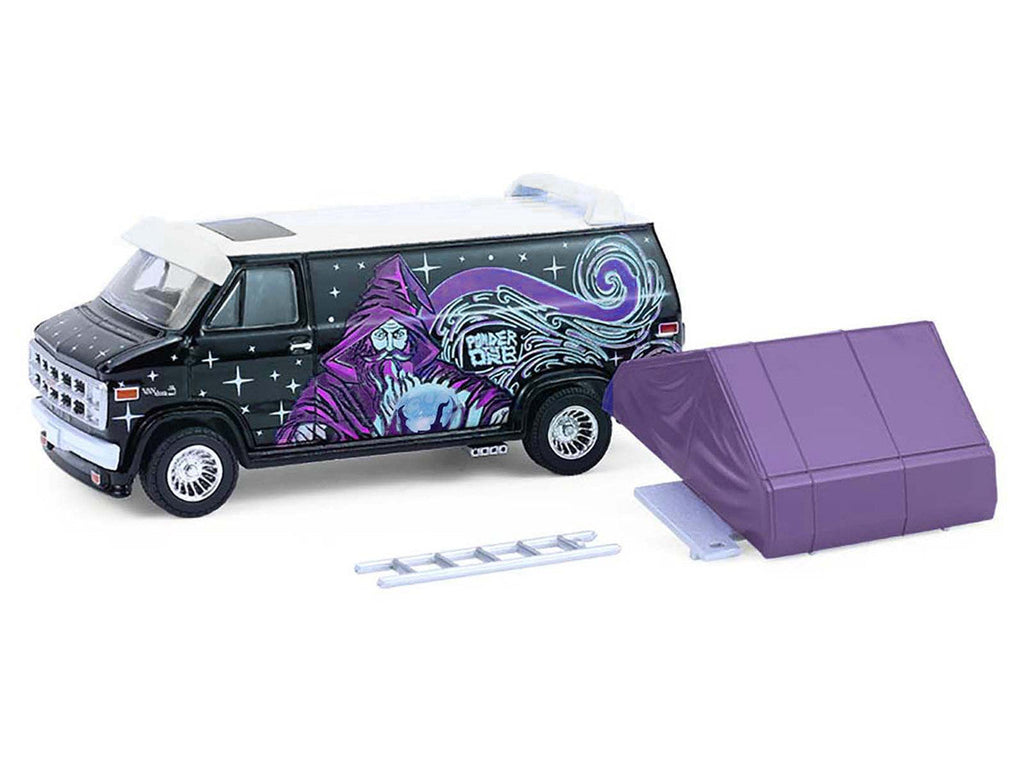 1978 GMC Vandura Custom Van Black with Wizard Graphics and White Top with Camp'otel Cartop Sleeper Tent "The Great Outdoors" Series 4 1/64 Diecast Model Car by Greenlight