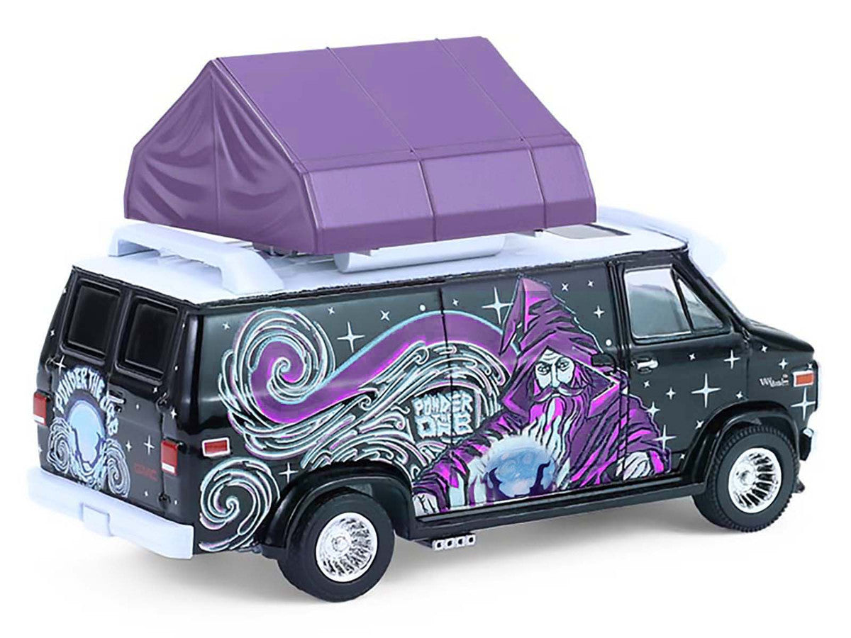 1978 GMC Vandura Custom Van Black with Wizard Graphics and White Top with Camp'otel Cartop Sleeper Tent "The Great Outdoors" Series 4 1/64 Diecast Model Car by Greenlight