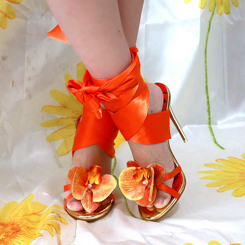 Floral High Heels with Ankle Strap and Open Toe Sandals