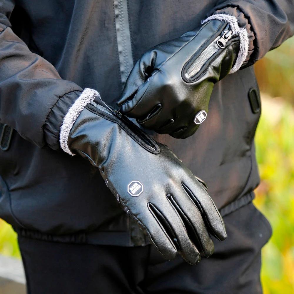 Windproof And Waterproof Zipper Faux Leather Gloves