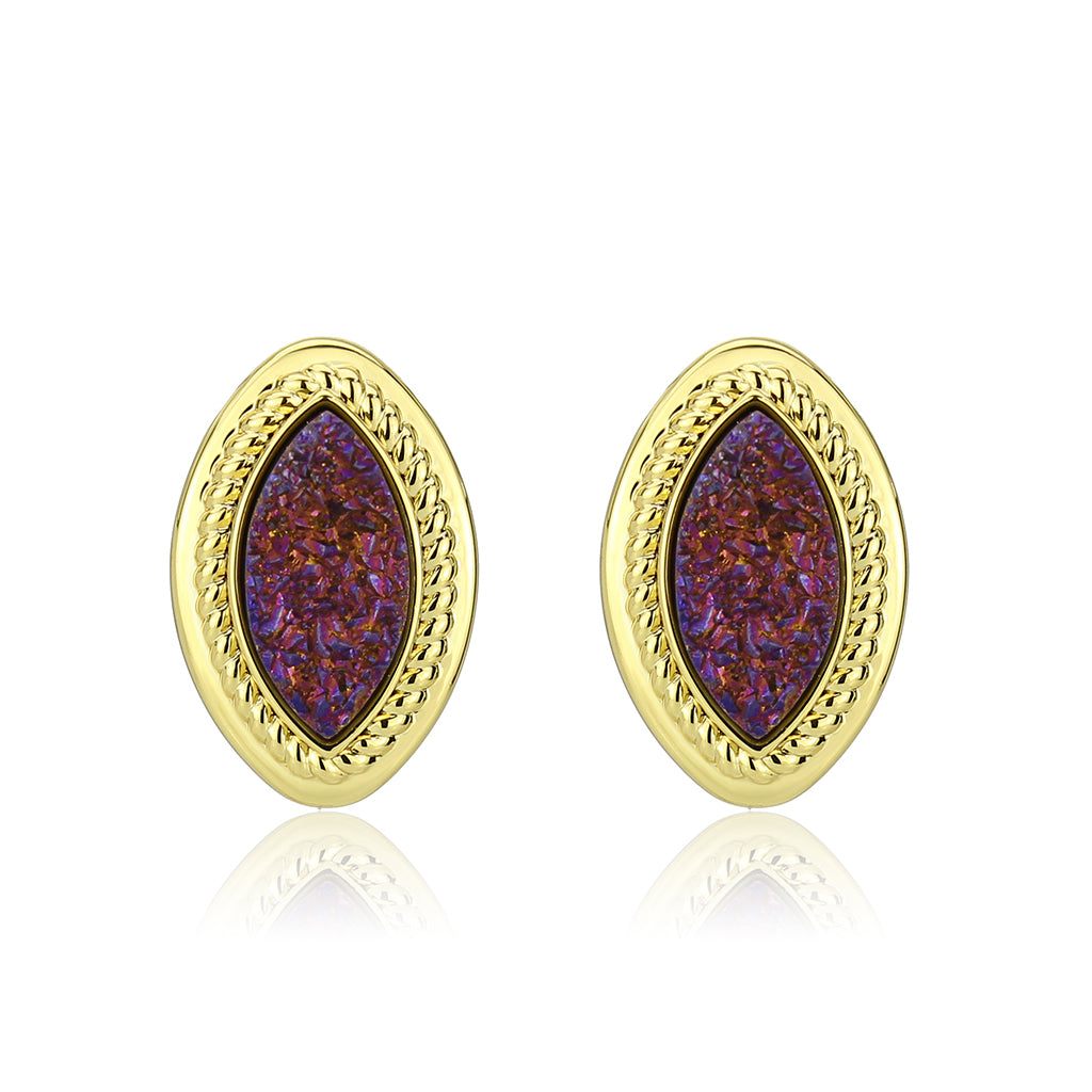 3W1725E - Flash Gold+E-coating Brass Earring with Druzy in Amethyst