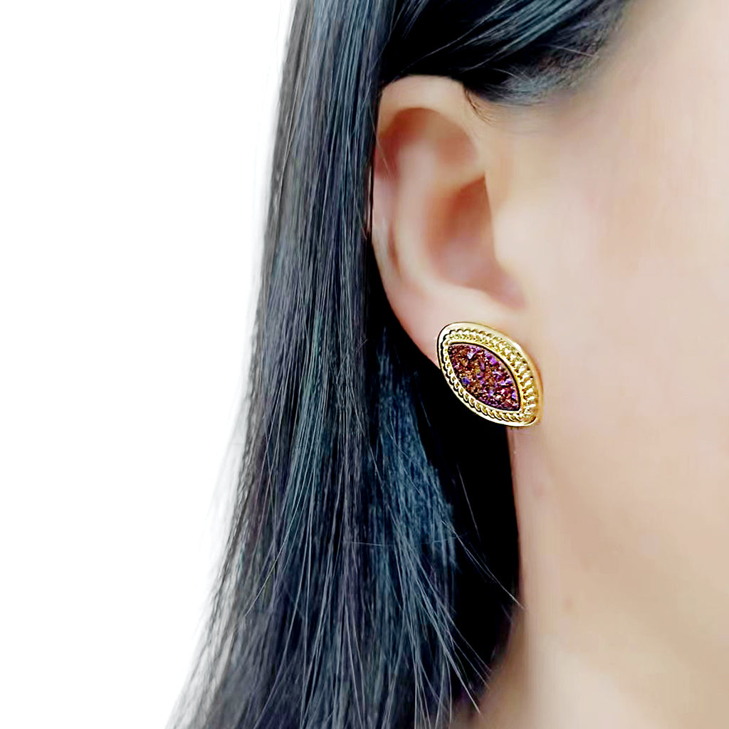 3W1725E - Flash Gold+E-coating Brass Earring with Druzy in Amethyst