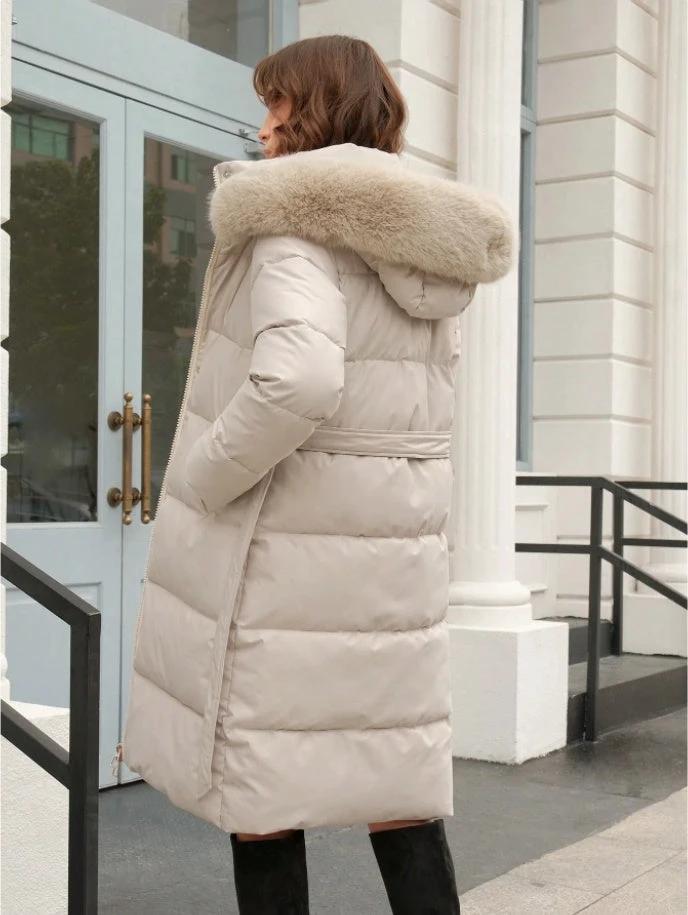 Anewsta Women's Solid Color Long Sleeve Zip Up Hooded Padded Coat With Faux Fur Trim