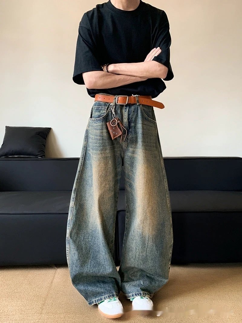 Men's Retro Distressed Machete Denim Slimming Wide-leg Jeans