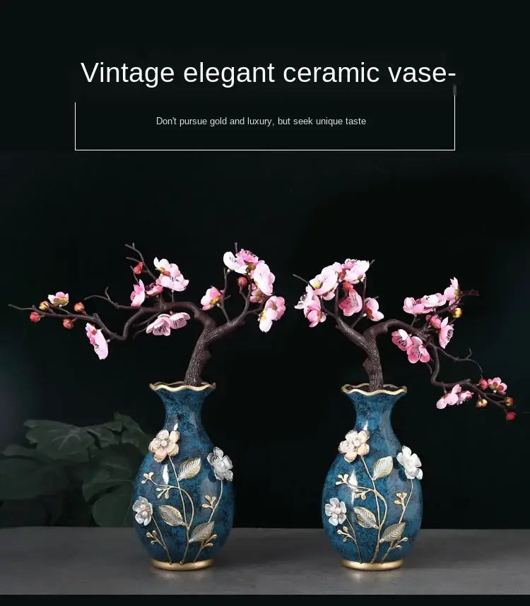 Teal and gold floral ceramic vase for dried flowers living room