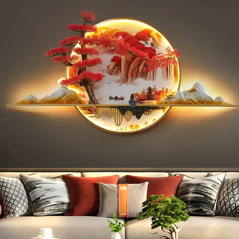 3d chinese pine landscape wall lamp living room warm backlit art