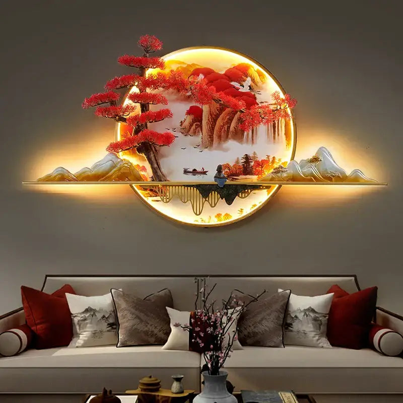 3d chinese pine landscape wall lamp living room warm backlit art