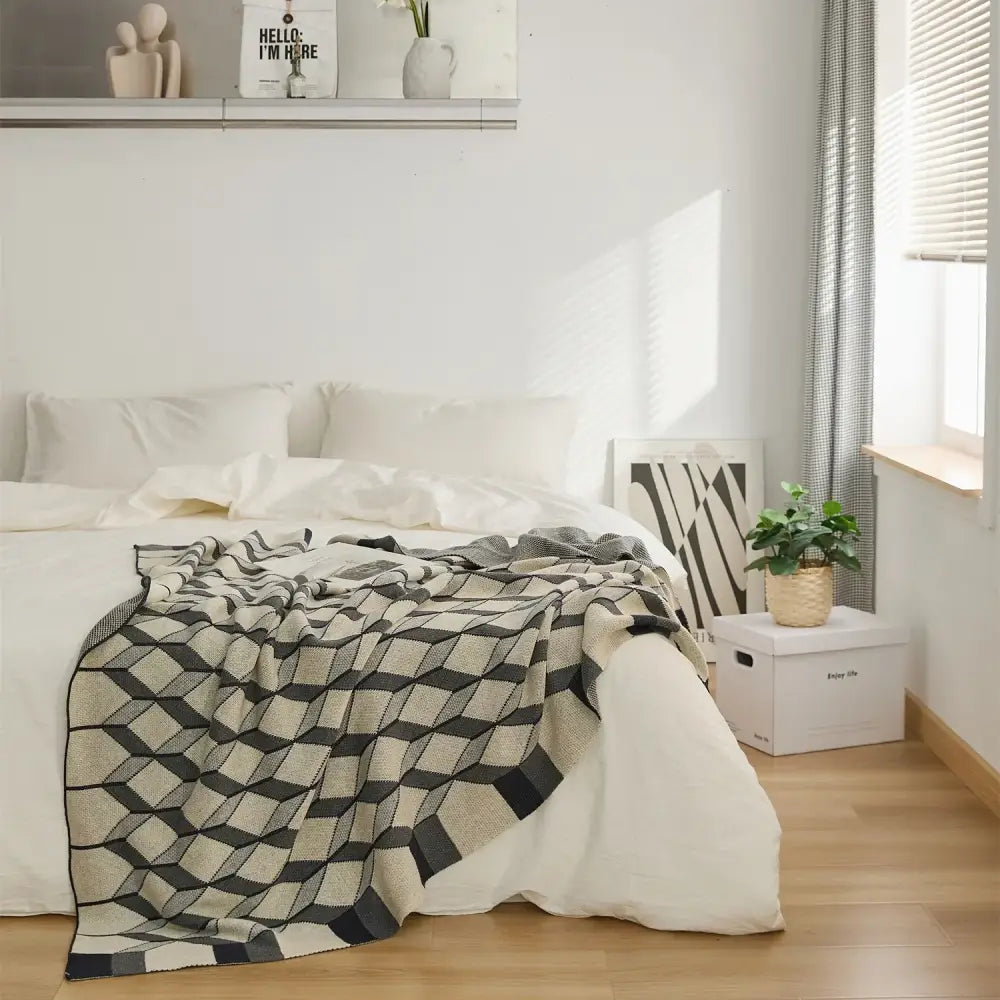 DecorBites™ 3D Cube Cotton Knitted Plaid Blanket - Soft and Cozy Nordic Bedspread