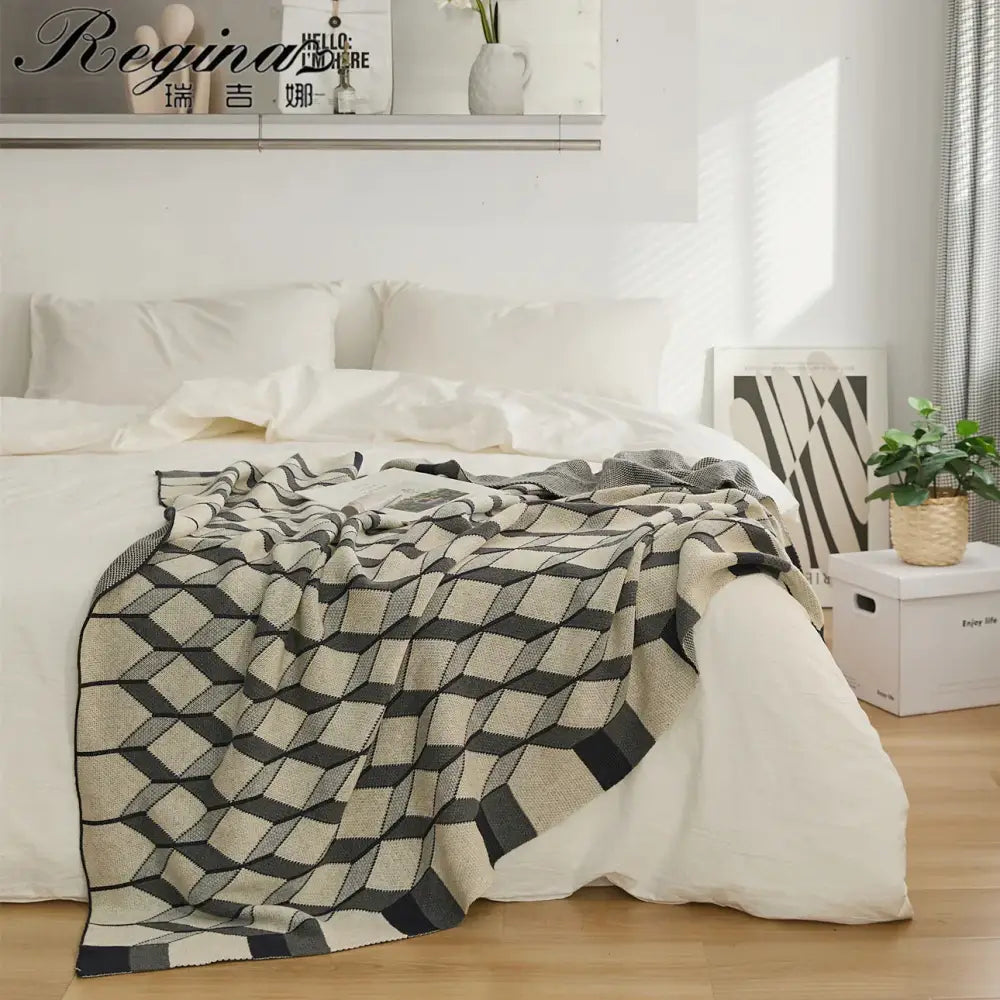 DecorBites™ 3D Cube Cotton Knitted Plaid Blanket - Soft and Cozy Nordic Bedspread
