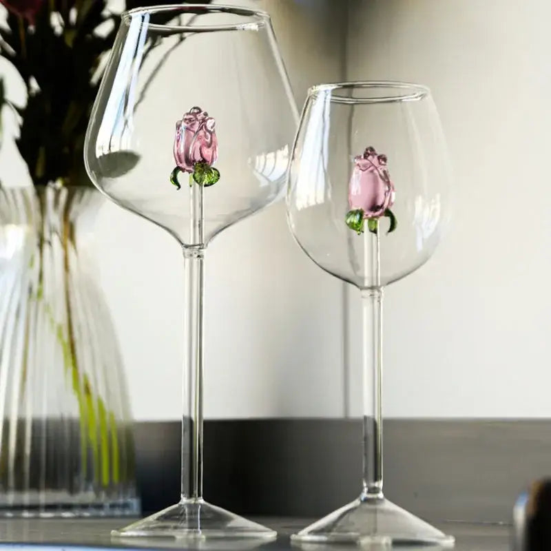 3d pink glass rose wine goblets dining room drinkware set