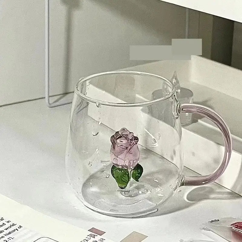 DecorBites™ 3D Rose Glass Breakfast Cup with Handle for Juice, Coffee, Tea, Milk