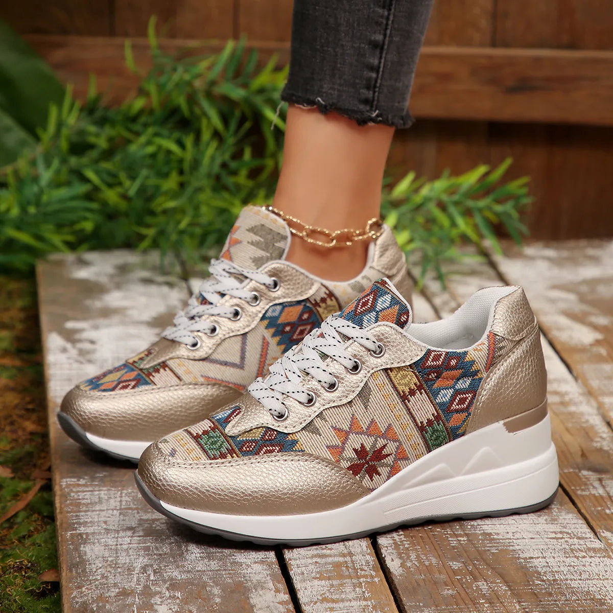 Geometric Lace Up Wedge Sneakers