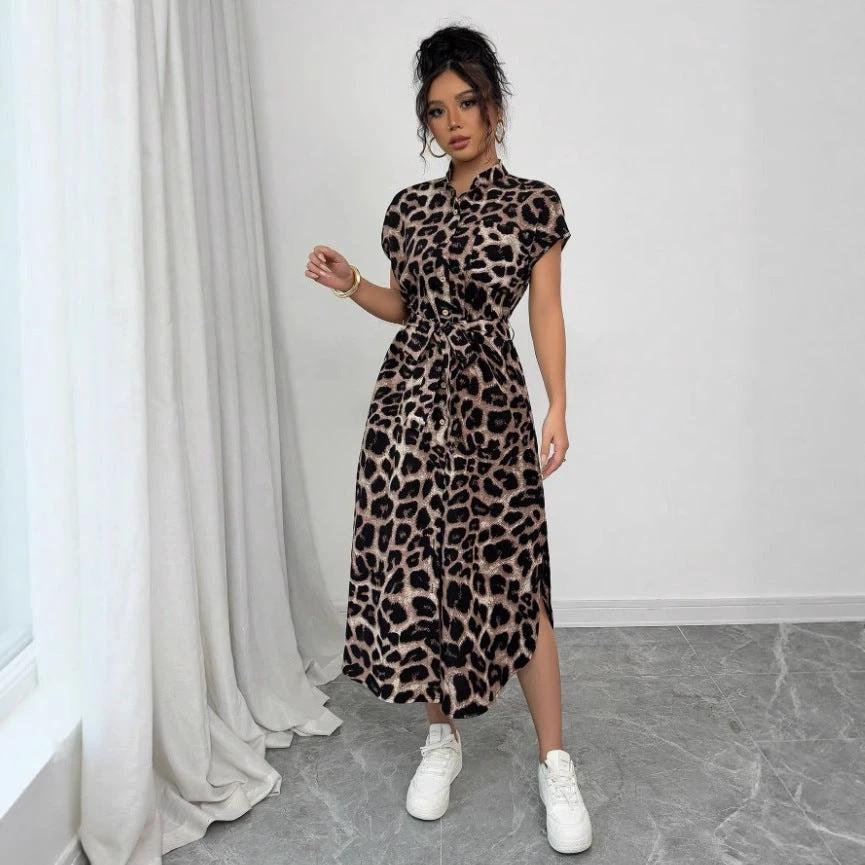 Leopard Print Front Button Shirt Belt Bow Shirt For Women