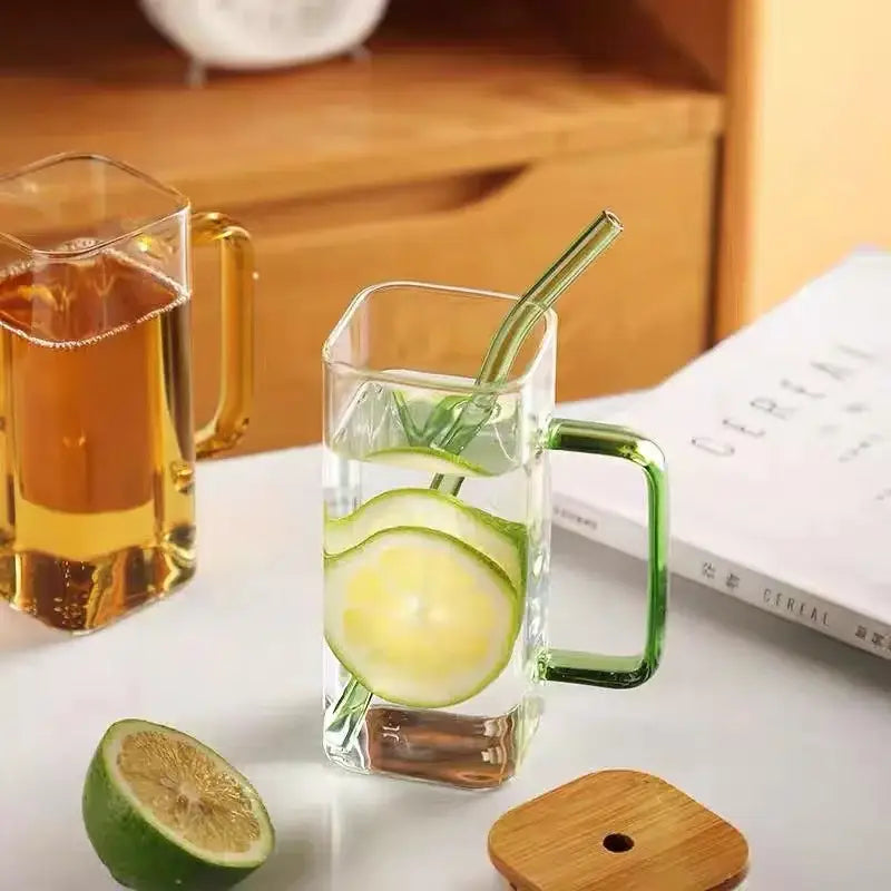 DecorBites™ 400ml Square Glass Mug with Lid and Straw | Versatile Party Beverage Cup