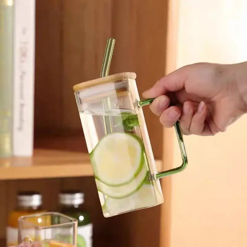 DecorBites™ 400ml Square Glass Mug with Lid and Straw | Versatile Party Beverage Cup