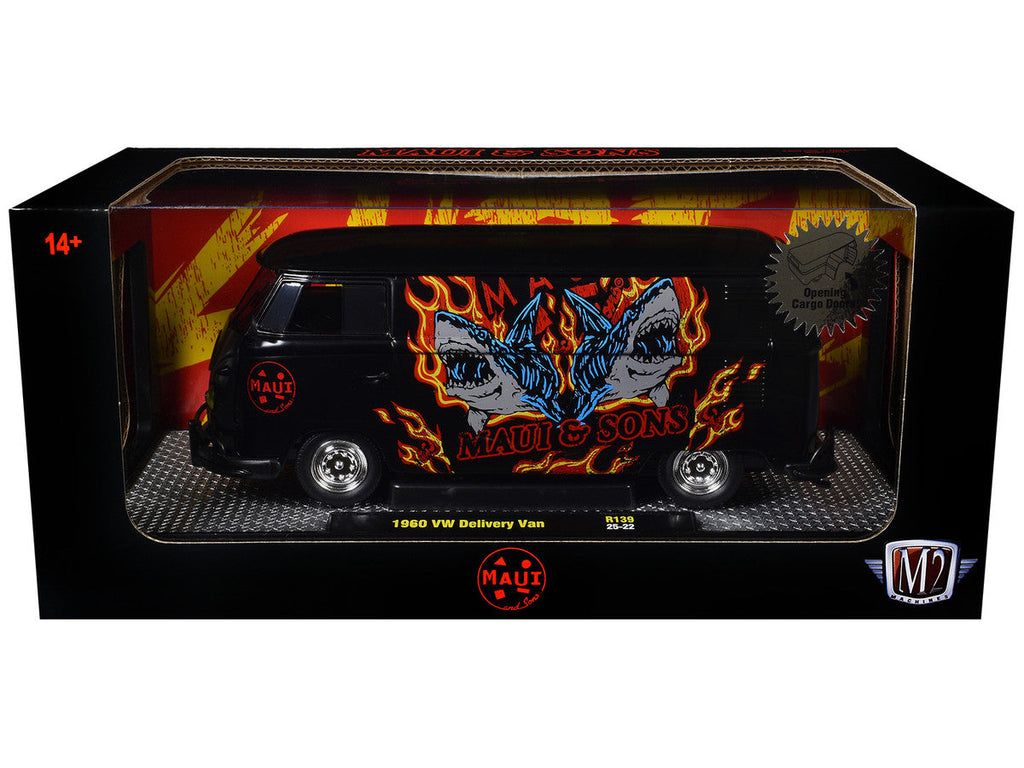 1960 Volkswagen Delivery Van "Maui & Sons" Black with Graphics Limited Edition to 4050 pieces Worldwide 1/24 Diecast Model Car by M2 Machines