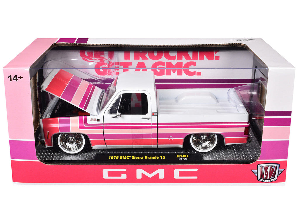1976 GMC Sierra Grande 15 Pickup Truck White with Stripes Limited Edition to 9250 pieces Worldwide 1/24 Diecast Model Car by M2 Machines