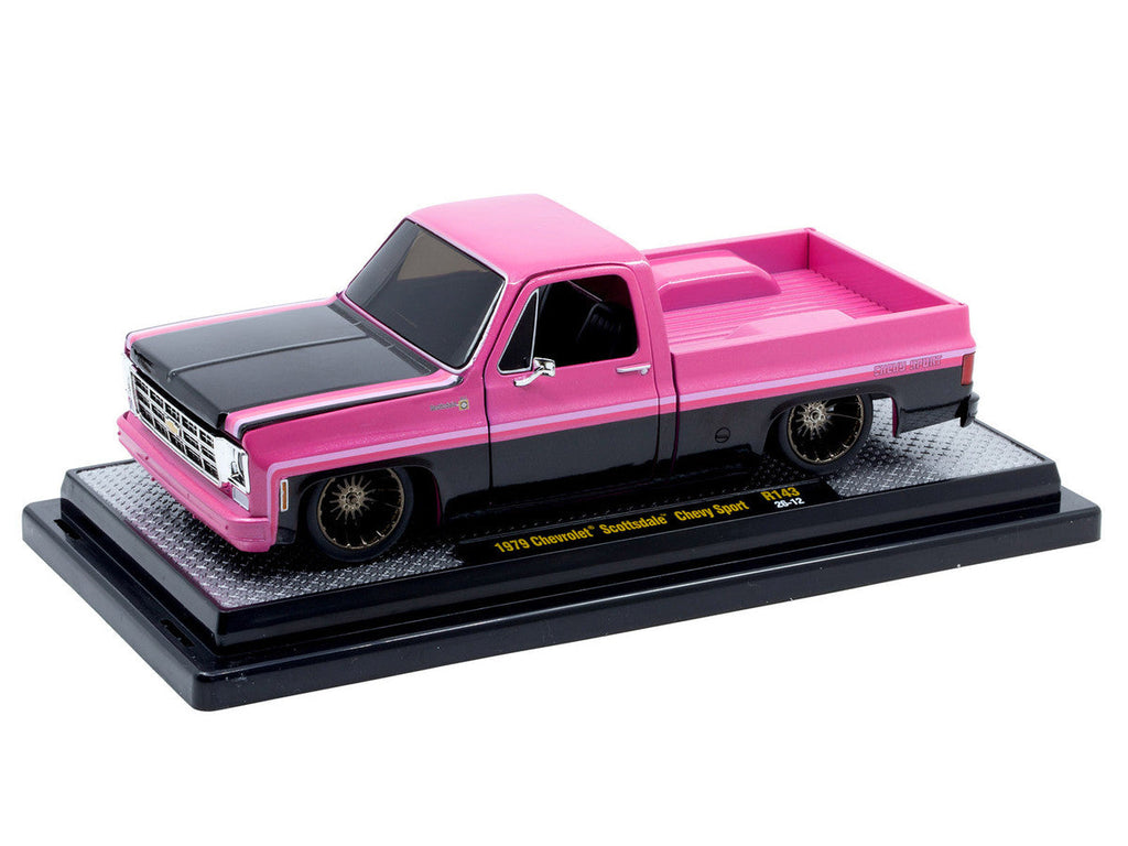1979 Chevrolet Scottsdale Pickup Truck "Chevy Sport" Pink and Black Limited Edition to 6250 pieces Worldwide 1/24 Diecast Model Car by M2 Machines