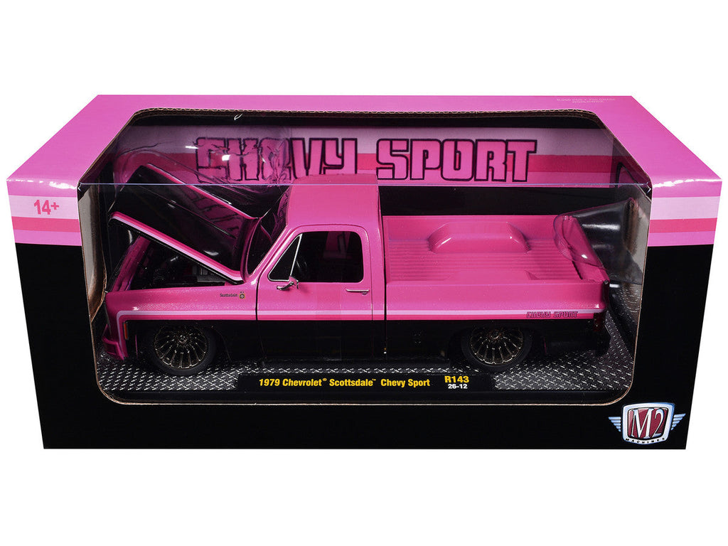 1979 Chevrolet Scottsdale Pickup Truck "Chevy Sport" Pink and Black Limited Edition to 6250 pieces Worldwide 1/24 Diecast Model Car by M2 Machines