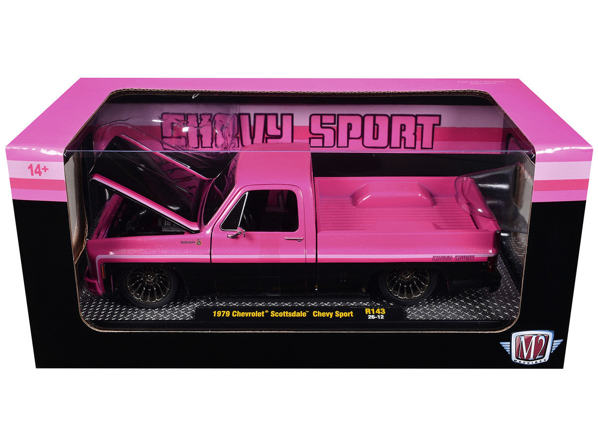 1979 Chevrolet Scottsdale Pickup Truck "Chevy Sport" Pink and Black Limited Edition to 6250 pieces Worldwide 1/24 Diecast Model Car by M2 Machines