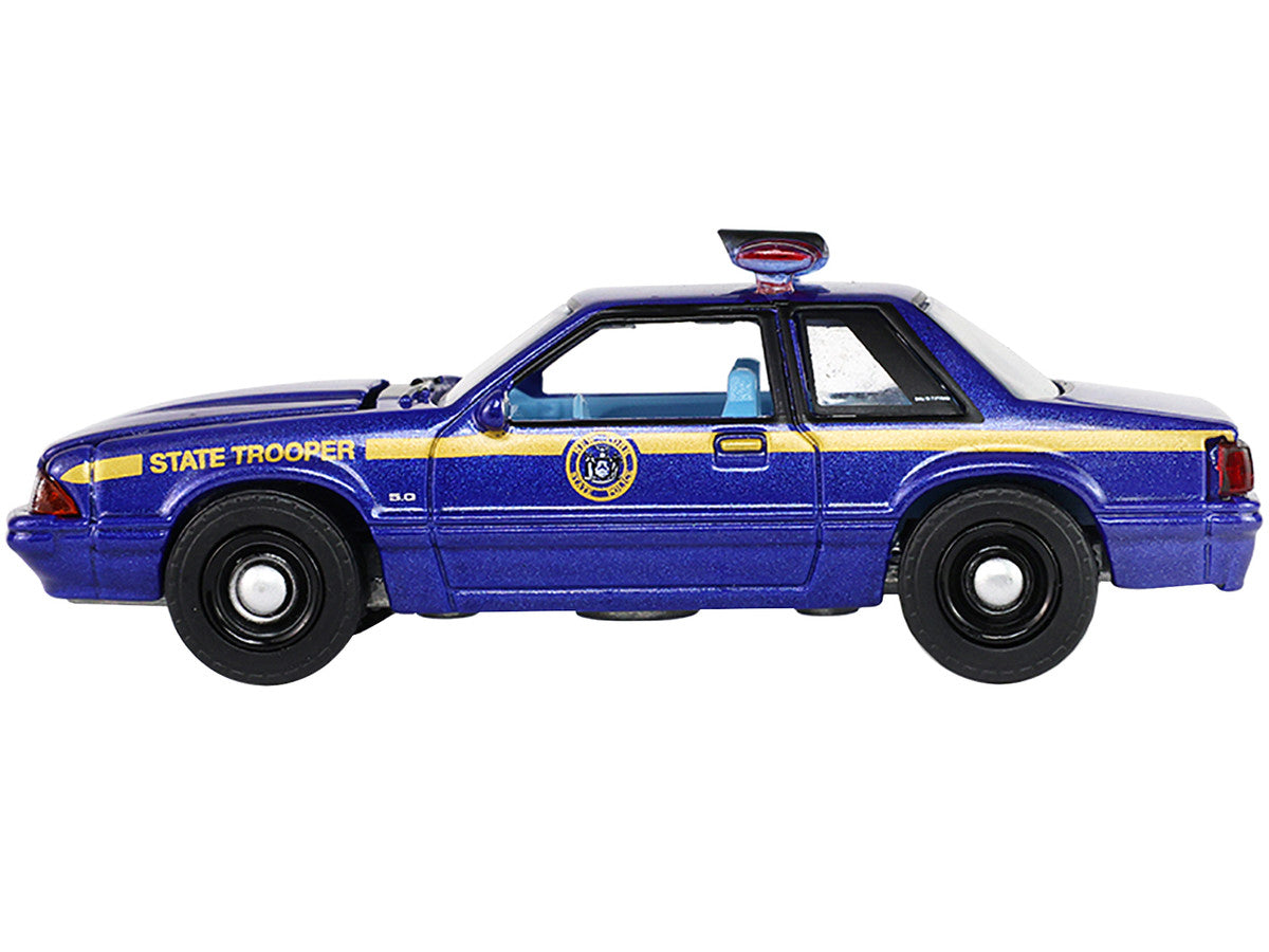 1988 Ford Mustang "New York State Police" Blue with Yellow Stripes and Blue Interior "Hot Pursuit" Series 8 1/64 Diecast Model Car by Greenlight
