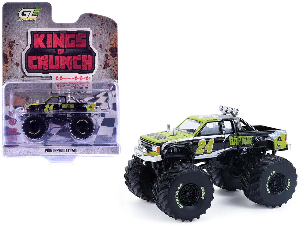 1986 Chevrolet S10 Monster Truck #24 "Raptor" Black and Green with Graphics "Kings of Crunch - Hendrick Motorsports Tribute" Special Edition 1/64 Diecast Model Car by Greenlight