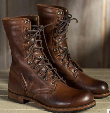 Men's Retro Motorcycle Lace-Up Combat Boots Low Heel